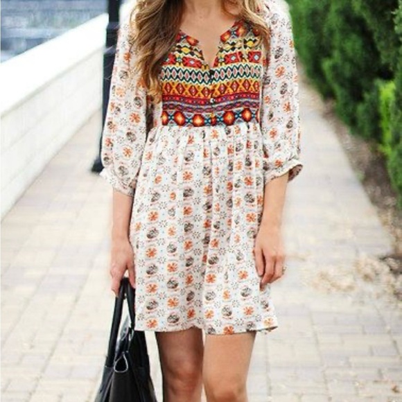 Umgee Aztec Dove Pattern 3/4 Sleeve Tunic Mini Dress Boho Western Rodeo Sz Small - Picture 3 of 12